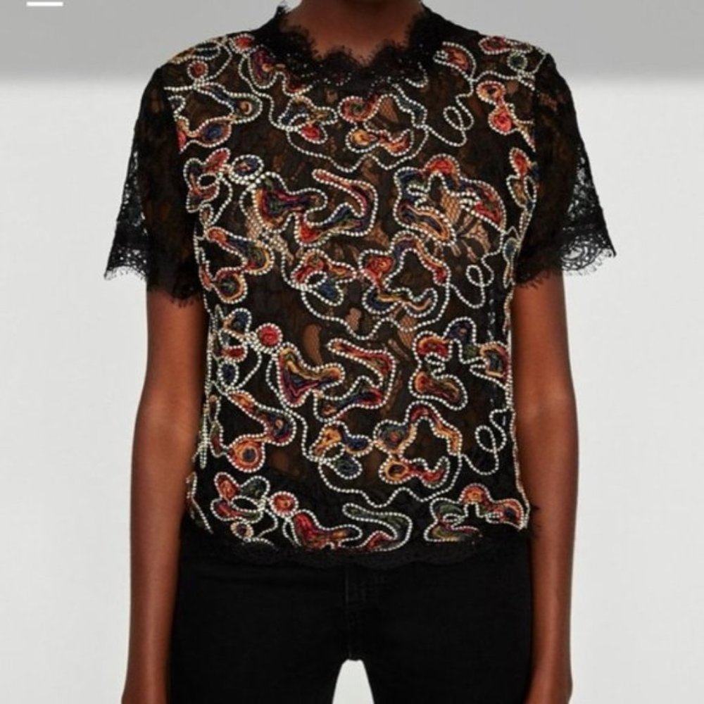 zara floral embroidered black lace  short sleeves top size Small